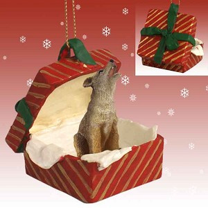 Gift Box Red Coyote in Red Gift Box Christmas Ornament – Hand-Painted Stone Resin