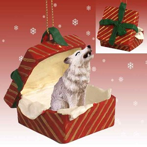 Gray Wolf in Red Gift Box Christmas Ornament – Hand-Painted Stone Resin