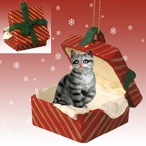 Silver Shorthaired Tabby Cat in Red Gift Box Christmas Ornament – Hand-Painted Stone Resin