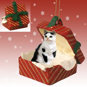 Black & White Shorthaired Tabby Cat in Red Gift Box Christmas Ornament – Hand-Painted Stone Resin