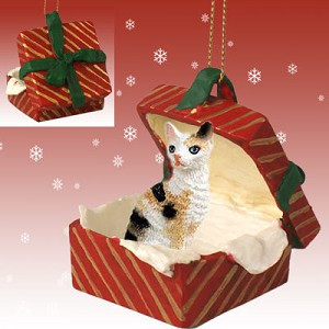 Tortoise & White Cornish Rex Cat in Red Gift Box Christmas Ornament – Hand-Painted Stone Resin