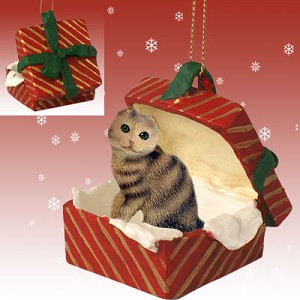 Brown Tabby Scottish Fold Cat in Red Gift Box Christmas Ornament – Hand-Painted Stone Resin