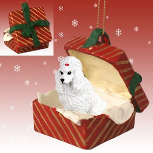 White Poodle Dog in Red Gift Box Christmas Ornament – Hand-Painted Stone Resin