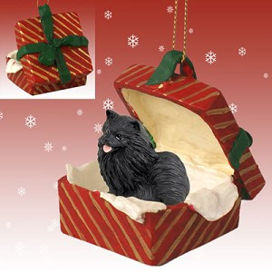 Black Pomeranian Dog in Red Gift Box Christmas Ornament – Hand-Painted Stone Resin