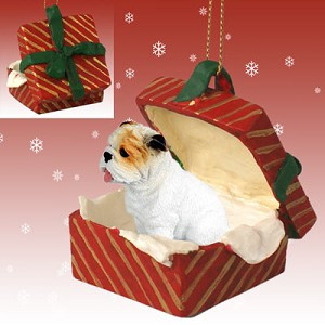 White Bulldog in Red Gift Box Christmas Ornament – Hand-Painted Stone Resin