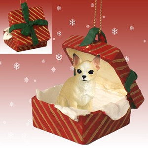 Tan & White Chihuahua Dog in Red Gift Box Christmas Ornament – Hand-Painted Stone Resin