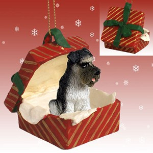 Gray Uncropped Ears Schnauzer Dog in Red Gift Box Christmas Ornament – Hand-Painted Stone Resin