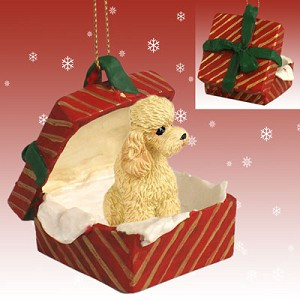 Apricot Sport Cut Poodle Dog in Red Gift Box Christmas Ornament – Hand-Painted Stone Resin