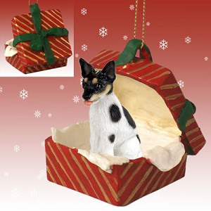 Rat Terrier Dog in Red Gift Box Christmas Ornament – Hand-Painted Stone Resin