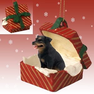 Red Rottweiler Dog in Red Gift Box Christmas Ornament – Hand-Painted Stone Resin