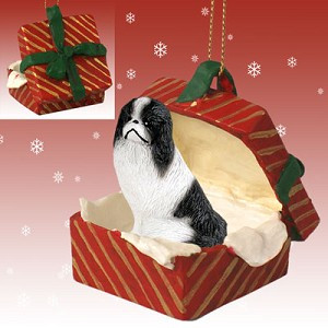 Black & White Japanese Chin Dog in Red Gift Box Christmas Ornament – Hand-Painted Stone Resin