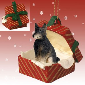 Red Gift Box Belgian Tervuren Dog in Red Gift Box Christmas Ornament – Hand-Painted Stone Resin