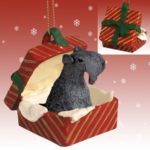 Red Kerry Blue Terrier Dog in Red Gift Box Christmas Ornament – Hand-Painted Stone Resin