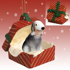 Bedlington Terrier Dog in Red Gift Box Christmas Ornament – Hand-Painted Stone Resin