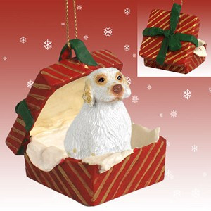 Clumber Spaniel Dog in Red Gift Box Christmas Ornament – Hand-Painted Stone Resin