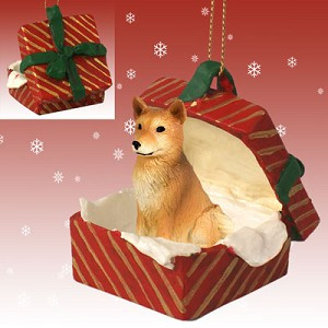 Gift Box Red Finnish Spitz Dog in Red Gift Box Christmas Ornament – Hand-Painted Stone Resin