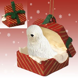 Komondor Dog in Red Gift Box Christmas Ornament – Hand-Painted Stone Resin