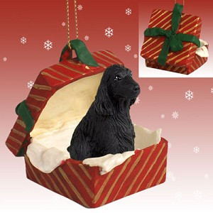Black English Cocker Spaniel Dog in Red Gift Box Christmas Ornament – Hand-Painted Stone Resin