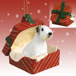 Red Sealyham Terrier Dog in Red Gift Box Christmas Ornament – Hand-Painted Stone Resin