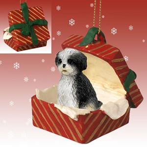 Black & White Sport Cut Shih Tzu Dog in Red Gift Box Christmas Ornament – Hand-Painted Stone Resin
