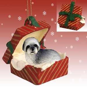 Gray Sport Cut Lhasa Apso Dog in Red Gift Box Christmas Ornament – Hand-Painted Stone Resin