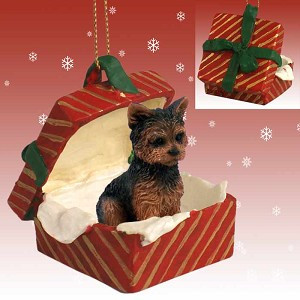 Puppy Cut Yorkshire Terrier Dog in Red Gift Box Christmas Ornament – Hand-Painted Stone Resin