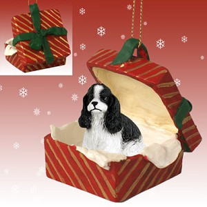 Black & White Cocker Spaniel Dog in Red Gift Box Christmas Ornament – Hand-Painted Stone Resin