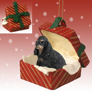 Black & Tan Cocker Spaniel Dog in Red Gift Box Christmas Ornament – Hand-Painted Stone Resin