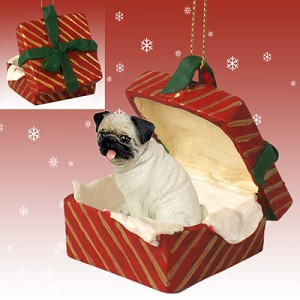 Fawn Pug Dog in Red Gift Box Christmas Ornament – Hand-Painted Stone Resin