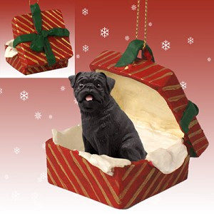 Black Pug Dog in Red Gift Box Christmas Ornament – Hand-Painted Stone Resin