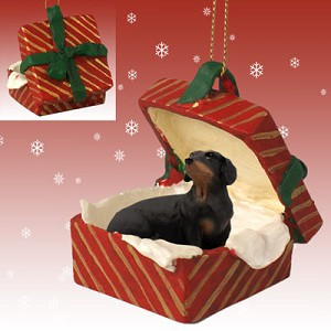 Black Dachshund Dog in Red Gift Box Christmas Ornament – Hand-Painted Stone Resin