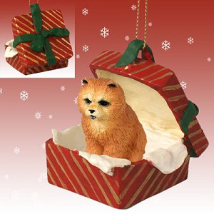 Red Chow Dog in Red Gift Box Christmas Ornament – Hand-Painted Stone Resin