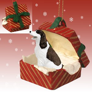 Liver & White Springer Spaniel Dog in Red Gift Box Christmas Ornament – Hand-Painted Stone Resin