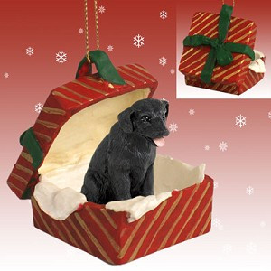 Black Labrador Retriever Dog in Red Gift Box Christmas Ornament – Hand-Painted Stone Resin