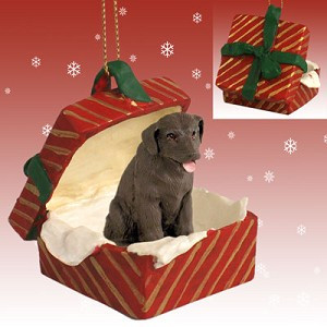 Chocolate Labrador Retriever Dog in Red Gift Box Christmas Ornament – Hand-Painted Stone Resin