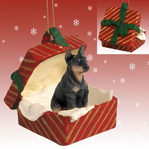Black with Cropped Ears Doberman Pinscher Dog in Red Gift Box Christmas Ornament