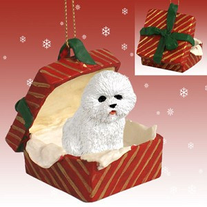 Bichon Frise Dog in Red Gift Box Christmas Ornament – Hand-Painted Stone Resin