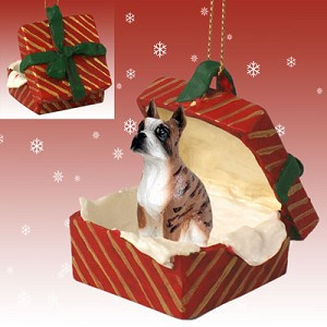 Brindle Boxer Dog in Red Gift Box Christmas Ornament – Hand-Painted Stone Resin