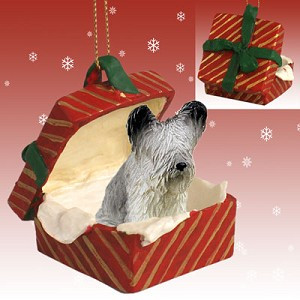 Skye Terrier Dog in Red Gift Box Christmas Ornament – Hand-Painted Stone Resin