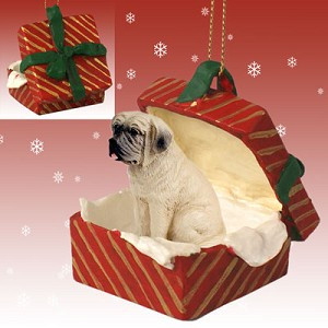 Mastiff Dog in Red Gift Box Christmas Ornament – Hand-Painted Stone Resin