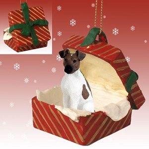 Brown & White Fox Terrier Dog in Red Gift Box Christmas Ornament – Hand-Painted Stone Resin