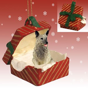 Norwegian Elkhound Dog in Red Gift Box Christmas Ornament – Hand-Painted Stone Resin