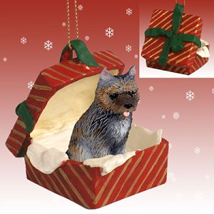 Brindle Cairn Terrier Dog in Red Gift Box Christmas Ornament – Hand-Painted Stone Resin