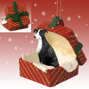 Black & White Greyhound Dog in Red Gift Box Christmas Ornament – Hand-Painted Stone Resin