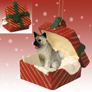 Gray Akita Dog in Red Gift Box Christmas Ornament – Hand-Painted Stone Resin