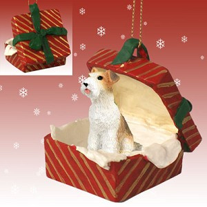 Wire Fox Terrier Dog in Red Gift Box Christmas Ornament – Hand-Painted Stone Resin