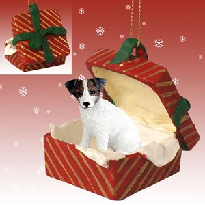 Brown & White Rough Coat Jack Russell Terrier Dog in Red Gift Box Christmas Ornament