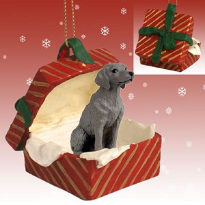 Weimaraner Dog in Red Gift Box Christmas Ornament – Hand-Painted Stone Resin