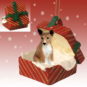 Basenji Dog in Red Gift Box Christmas Ornament – Hand-Painted Stone Resin
