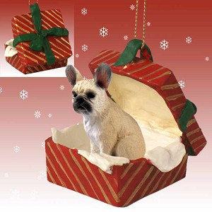 Fawn French Bulldog in Red Gift Box Christmas Ornament – Hand-Painted Stone Resin